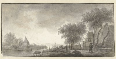 Flusslandschaft mit Vieh und einigen Häusern von Anonymous