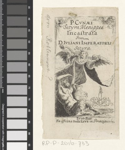 Satyr und Engel, die auf einer Trompete blasen (Titelblatt für: Petrus Cunaeus, Satyra Menippea Incastrata, 1632) von Anonymous