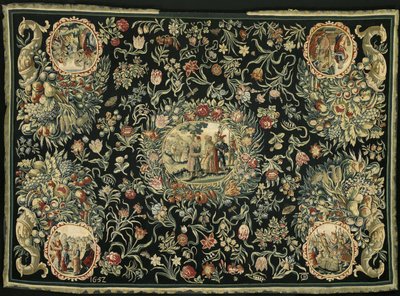 Tischdecke mit der Geschichte von Josef und einem Blumenmuster von Anonymous