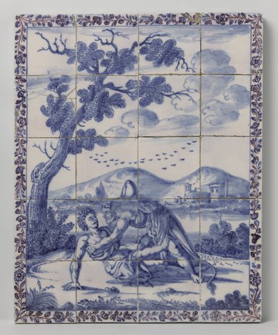 Fliesentableau mit einer Landschaft in Blau und mythologischer Darstellung: Herkules und Achelous von Anonymous