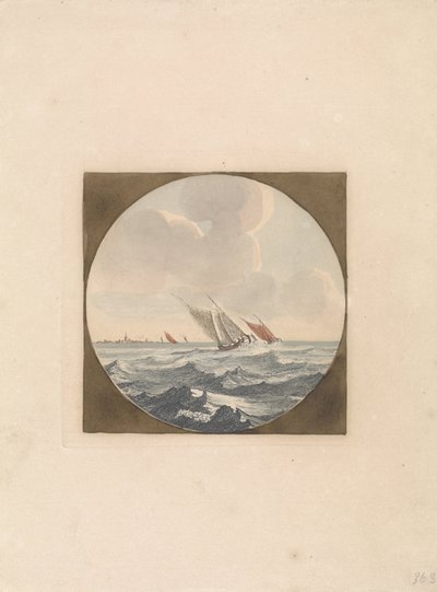 Zwei Segelschiffe auf See und eine Stadt an der Küste (Schiffe auf See, Serie B) von Anonymous