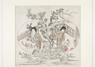 Zweiteilige Druckgrafik: links der Sommer mit Iris und Malus, rechts der Winter mit Narzisse und Prunus (Neujahrsdruck) von Anonymous