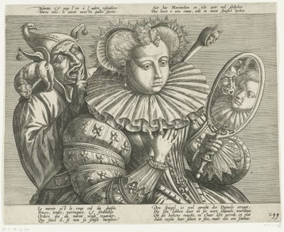 Frau mit Spiegel und Narr: Karikatur über den kostbaren steifen Kragen, ca. 1600 von Anonymous