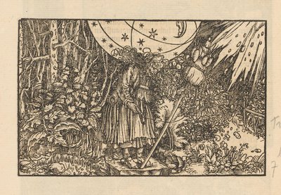 Frau mit Spinnrocken in einem Wald und einem Himmelsgewölbe von Anonymous