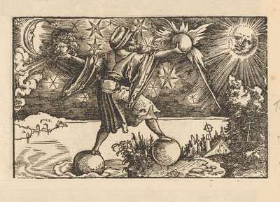 Sonne und Mond und ein Mann, der die vier Elemente balanciert von Anonymous
