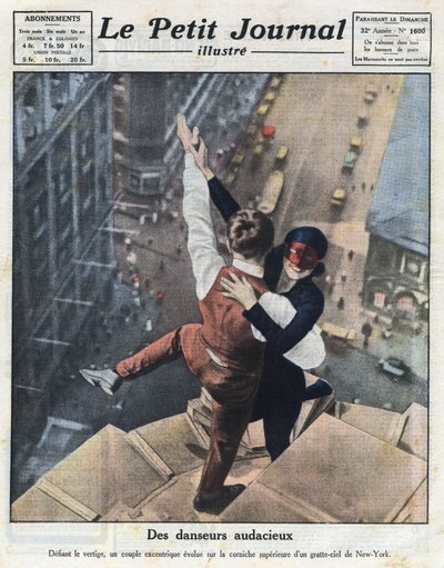 Ein Paar extremer Tänzer, entwickelt sich auf dem Sims eines Wolkenkratzers in New York. Illustration aus „Le petit journal illustré“ vom 21.08.1921. Private Sammlung von Anonymous Anonymous