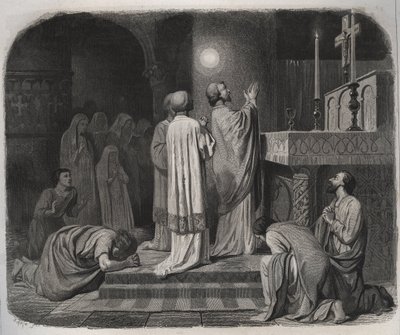 Eine Feuerkugel erscheint über dem heiligen Martin, Bischof von Tours (316-397), während er arbeitet. Gravur von 1846 in „Lives of the saints“. Private Sammlung von Anonymous Anonymous