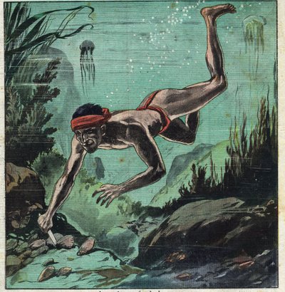 Ein Perlentaucher riskiert sein Leben in den tropischen Meeren von Ceylon und Polynesien, um elegante Damen mit Halsketten und Schmuck zu versorgen. Illustration aus „Le Petite Journal“ vom 11.03.1923. Private Sammlung. von Anonymous Anonymous