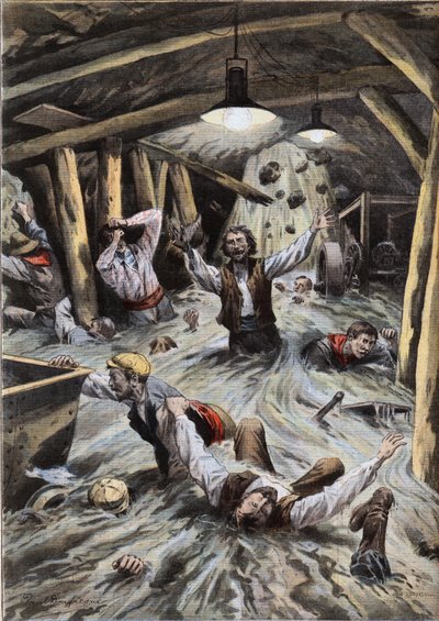 Ein Fluss überflutet den Loetschberg-Tunnel in der Schweiz während des Baus. Gravur aus der Zeitung "Le Petit Parisien", 09.08.1908. Private Sammlung. von Anonymous Anonymous