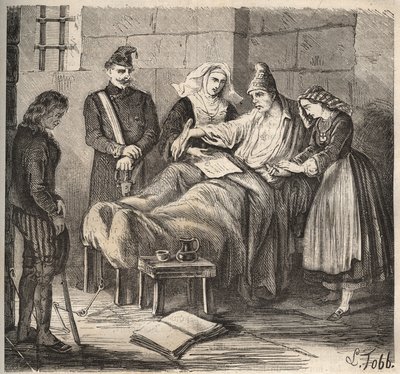 Eine Hochzeit im Rochefort-Bagne im 19. Jahrhundert. Gravur in „Histoire des bagnes depuis leur création à nos jours“ (1877) von Pierre Zaccone (1817-1895). Private Sammlung. von Anonymous Anonymous
