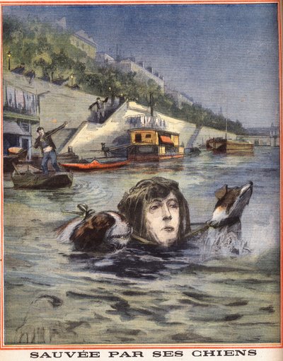 Eine Frau fällt in die Seine und wird von ihren Hunden in Paris gerettet. Gravur in "Le petit parisien" vom 14.08.1910. Private Sammlung. von Anonymous Anonymous