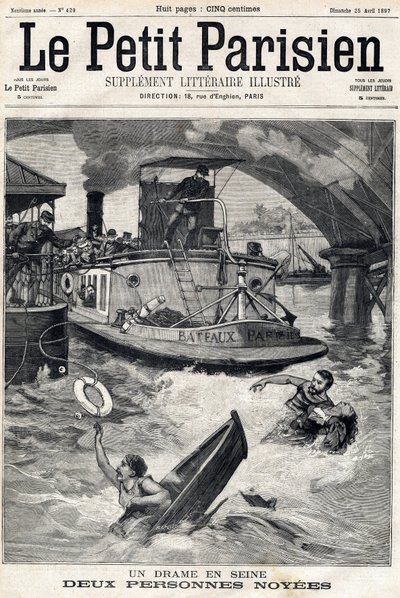 Unfall in der Seine: zwei Personen in einem ertrunkenen Boot. In „Le Petit Parisien“ am 25.04.1897 von Anonymous Anonymous