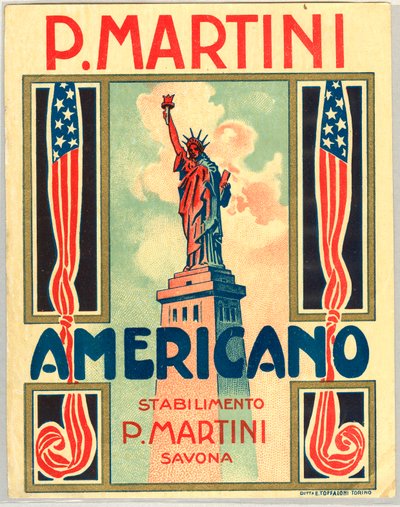 Werbung für italienischen Shortdrink Americano, mit amerikanischer Flagge und Freiheitsstatue von Anonymous Anonymous