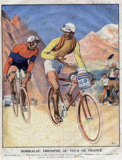 Werbung für die Farbe Robbialac: „Robbialac triumphiert bei der Tour de France“. Ein Radfahrer preist die Vorzüge der Robbialac-Farbe für sein Fahrrad. Gravur. Eine der „Die kleine Zeitschrift illustriert“ von Anonymous Anonymous