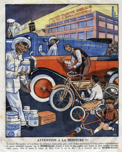 Werbeillustration für Robbialac-Farben, geeignet für alle Anwendungen (Auto, Motorrad, Fahrrad). Illustration aus „Le petit journal“ 22.02.1925. Private Sammlung von Anonymous Anonymous
