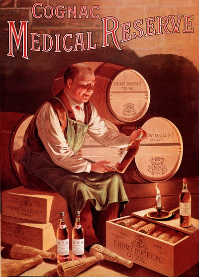 Werbeplakat für den Cognac Fromy, Rogee und Cie: medizinische Reserve. Ein Mann in seinem Weinkeller betrachtet eine Flasche Cognac mit Vergnügen. Anonyme Illustration. Anfang 20. Jahrhundert Privatsammlung von Anonymous Anonymous