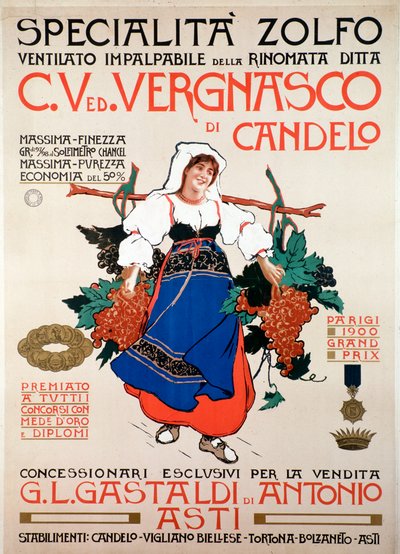 Werbeplakat für das Fungizid gewinnertes Schwefel, hergestellt von der italienischen Firma Vergnasco Candelo, 20. Jahrhundert von Anonymous Anonymous