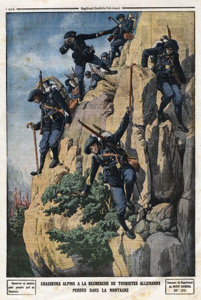 Alpenjäger suchen nach verlorenen deutschen Touristen. Sie wollten zum Berg Nero (Helm du Nero) im Chartreuse-Massiv. Gravur in „Le Petit Journal“, am 07.07.1912. Private Sammlung. von Anonymous Anonymous
