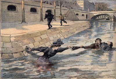 Eine geniale Rettung: in der Nähe der Brücke des Heiligen Vaters wird eine Frau, die in die Seine gestürzt ist, von einem Mann gerettet, der einer anderen Frau geholfen hat. Gravur aus der Zeitung „Le Petite Parisien“, 8/03/1908. Private Sammlung. von Anonymous Anonymous