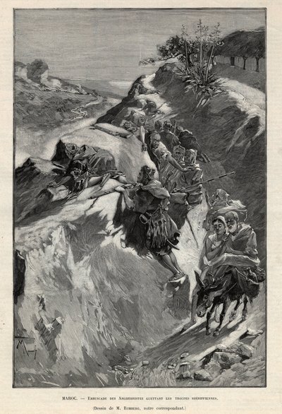 Aufstand im Andjera-Gebirge in Marokko: Hinterhalt der Angherristen, die auf die Scherifentruppen warten. Gravur in „Le monde illustré“ von 1892. Private Sammlung. von Anonymous Anonymous