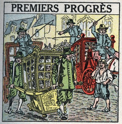 Tierische Zugkraft: ein Tragesessel, der den Verkehr stört. Anonyme Illustration von 1925. Private Sammlung. von Anonymous Anonymous