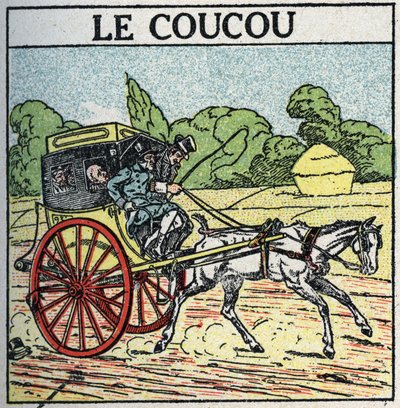 Tierische Traktion: Kuckuck, öffentliches Verkehrsmittel in Frankreich vom mittleren 18. Jahrhundert bis zum mittleren 19. Jahrhundert, auch „Nachttopf“ genannt. Anonyme Illustration von 1925. Private Sammlung. von Anonymous Anonymous