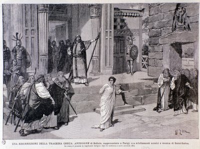 Antigone zum Tode verurteilt. Szene aus dem Stück Antigone, mit Musik von Camille Saint-Saens, aufgeführt in Paris von Anonymous Anonymous