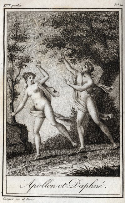 Apollo und Daphne. Die Nymphe Daphne verwandelt sich in einen Lorbeerbaum, um Apollo zu entkommen. Gravur von 1819 in „Lettres à Emilie sur la mythologie“ von Charles Albert Demoustier (1760-1801). Private Sammlung. von Anonymous Anonymous