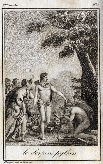 Apollo und die Python-Schlange auf dem Berg Parnassus. Gravur von 1819 in „Lettres à Emilie sur la mythologie“ von Charles Albert Demoustier (1760-1801). Private Sammlung. von Anonymous Anonymous