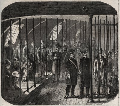 Ankunft der Truppen während des Konvois von Toulon nach Cayenne (Guyana) gemäß dem Dekret vom 8. Dezember 1851. Gravur in „Histoire des bagnes depuis leur création à nos jours“ (1877) von Pierre Zaccone (1817-1895) von Anonymous Anonymous