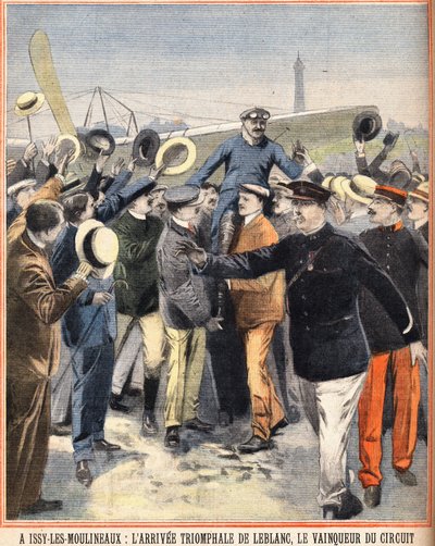Triumphale Ankunft von Alfred LeBlanc (1869-1921), französischer Pilot, Gewinner des Luftkreises in Issy-Les-Moulineaux. Gravur in Le Petit Parisien am 14.08.1910 von Anonymous Anonymous