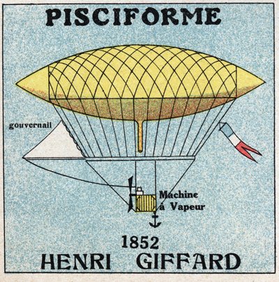 Ballons: Fischförmige Hülle von Henri Giffard (1825-1882) im Jahr 1852. Anonyme Illustration von 1925. Private Sammlung. von Anonymous Anonymous