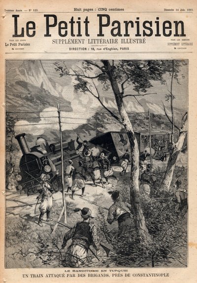 Banditentum in der Türkei, ein Zug wird in der Nähe von Konstantinopel von Räubern überfallen. Gravur in „Le petit Parisien“ von 1891. Private Sammlung. von Anonymous Anonymous