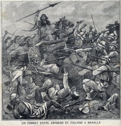 Schlacht zwischen den Abessiniern von Menelik II. und den Italienern in Makalle, Äthiopien. Gravur in „Le Petite Parisien“ von Anonymous Anonymous