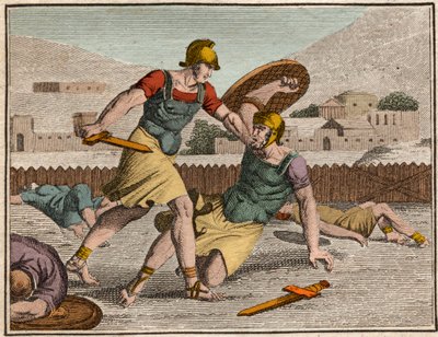 Schlacht der Horacier und Curiacier - Schlacht zwischen Horatii und Curiatii - Gravur aus „The Rollin of Youth or Selected Pieces of Ancient and Roman Stories“ 1816 - Private Sammlung von Anonymous Anonymous