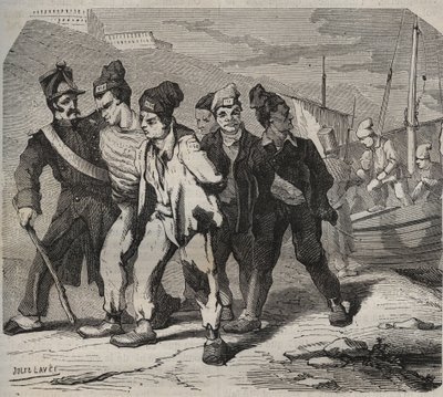 Belle-Ile-en-Mer im 19. Jahrhundert. Gravur in „Histoire des bagnes depuis leur création à nos jours“ (1877) von Pierre Zaccone (1817-1895). von Anonymous Anonymous