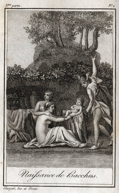 Geburt des Bacchus, Sohn von Jupiter und Semele. Gravur von 1819 in „Lettres à Emilie sur la mythologie“ von Charles Albert Demoustier (1760-1801). Privatsammlung. von Anonymous Anonymous
