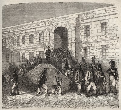 Bagne von Brest im 19. Jahrhundert. Gravur in „Histoire des bagnes depuis leur création à nos jours“ (1877) von Pierre Zaccone (1817-1895). Private Sammlung von Anonymous Anonymous