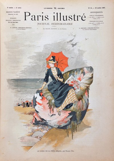 Am Meer, Allegorie von Habert Dys. Elegante Frau mit einem Regenschirm, die auf einer riesigen Muschel sitzt und am Strand posiert. Gravur von 1887 in „Paris-Illustrous journal weekly“. von Anonymous Anonymous