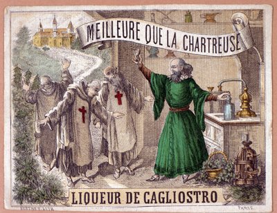 Cagliostro-Likör aus der Destillation aromatischer Kräuter durch Mönche. Chromolithographie des 19. Jahrhunderts von Anonymous Anonymous