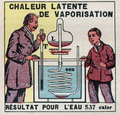 Kalorimetrie: die latente Verdampfungswärme gemessen mit Marcellin Berthelots Kalorimeter (1827-1907). Anonyme Illustration von 1925. Private Sammlung. von Anonymous Anonymous