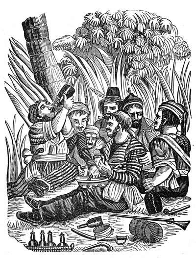 Die Mannschaft von Captain Bartholomew Roberts ruht sich am Old Calabar River aus, späte 17. Jahrhundert. Gravur aus „The pirate own book“ 1837 von Anonymous Anonymous