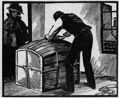 Fall Eyraud-Bompard oder der Fall des blutigen Koffers: Entdeckung des Koffers, der verwendet wurde, um die Leiche des Gerichtsvollziehers Gouffé zu verstecken, der 1888 in Paris von dem Paar Michel Eyraud und Gabrielle Bompard ermordet wurde. Illustration von Anonymous Anonymous