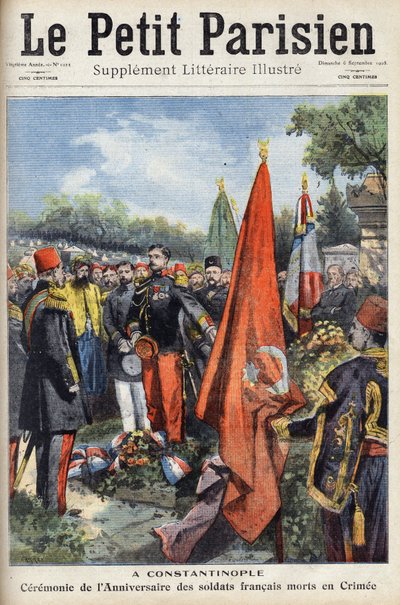 Zeremonie in Konstantinopel des Byzantinischen Reiches (Istanbul, Türkei) zum Gedenken an die in der Krim gefallenen französischen Soldaten. In „Le Petit Parisien“ am 06.09.1908 von Anonymous Anonymous
