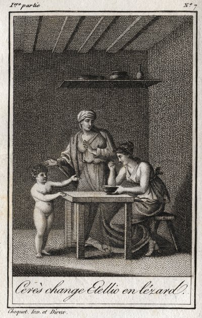 Ceres verwandelt Stellion in eine Eidechse. Gravur von 1819 in „Lettres à Emilie sur la mythologie“ von Charles Albert Demoustier (1760-1801). Private Sammlung. von Anonymous Anonymous