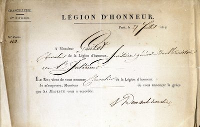 Zertifikat zur Verleihung der Ehrenlegion an Guizot, Generalsekretär des Innenministeriums, 21.07.1814 von Anonymous Anonymous