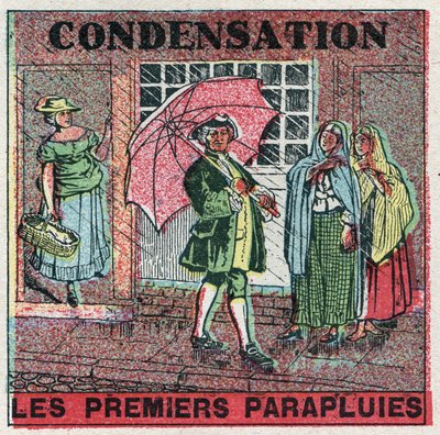 Zustandsänderungen: Kondensation. Die ersten Regenschirme im 18. Jahrhundert. Anonyme Illustration von 1925. Private Sammlung. von Anonymous Anonymous