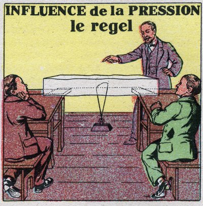 Zustandsänderungen: Einfluss des Drucks auf die Schmelze. Erfahrung, dass ein Draht, der durch ein Gewicht gespannt ist, durch ein Stück Eis geht, ohne es zu brechen. Anonyme Illustration von 1925. Private Sammlung. von Anonymous Anonymous