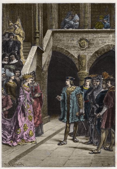 Karl VIII. und Anne de Bretagne - Treffen zwischen König Karl VIII. (1470-98) und Königin Anne von Bretagne - Gravur aus „L