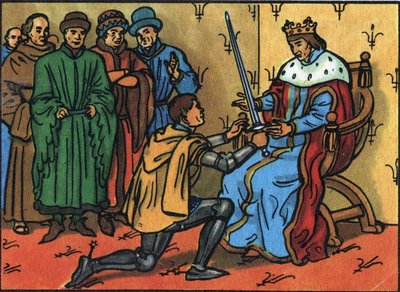 Karl V. der Weise (1338-1380) übergibt feierlich das Schwert des Konnetabels an Bertrand du Guesclin (1320-1380). Anonyme Illustration in „Collection des souverains et chefs d